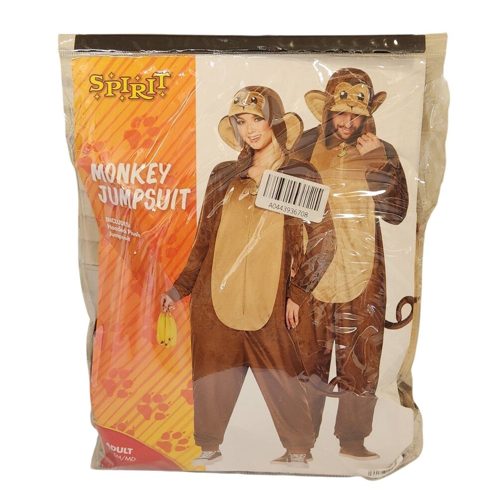 Spirit Halloween Monkey Jumpsuit Adult Costume SM/MD Hooded Plush Brown w/Tail - Picture 2 of 6